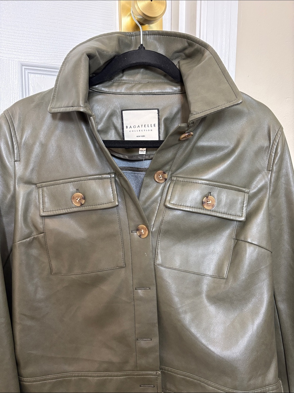 bagatelle Olive Faux Leather Utility Jacket with Button Pockets